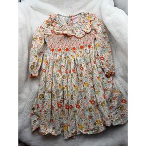 Stitchy Fish Girls Floral Smocked Pumpkin Dress Long Sleeve Cotton Orange Size 6